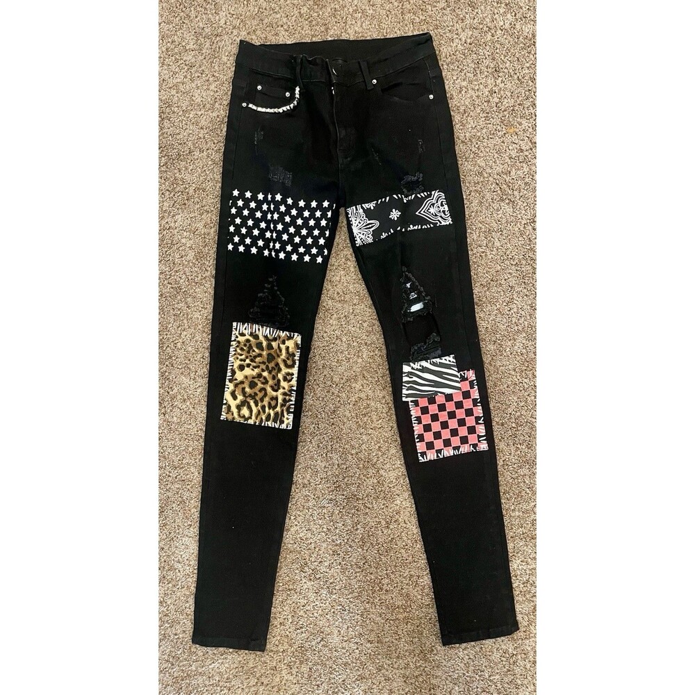 Black Distressed Patchwork Skinny Jeans Bandana Leopard Stars Studded #10002